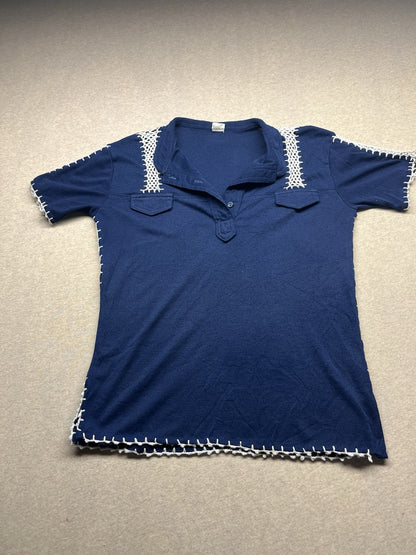 1980s Women’s Blue W/wht Trim Knit S Sleeve Top