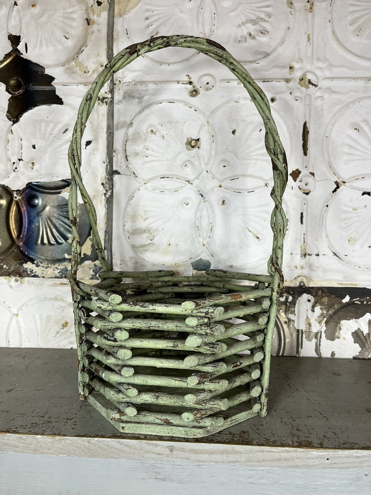 Primitive Antique Early 1900s Green Twig Basket W/Patina, Home Decor