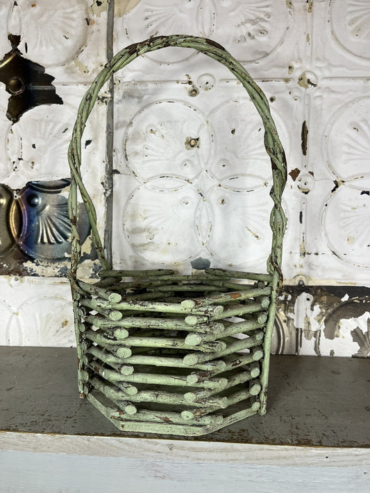 Primitive Antique Early 1900s Green Twig Basket W/Patina, Home Decor