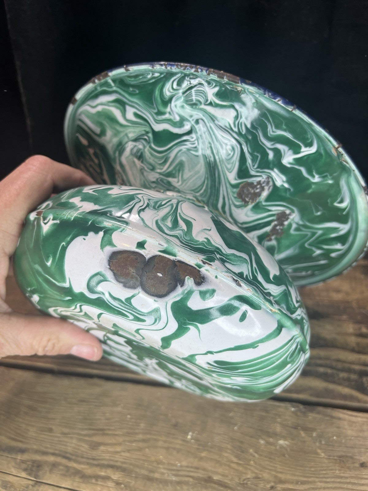 Vintage Enamel Swirl Green Spittoon