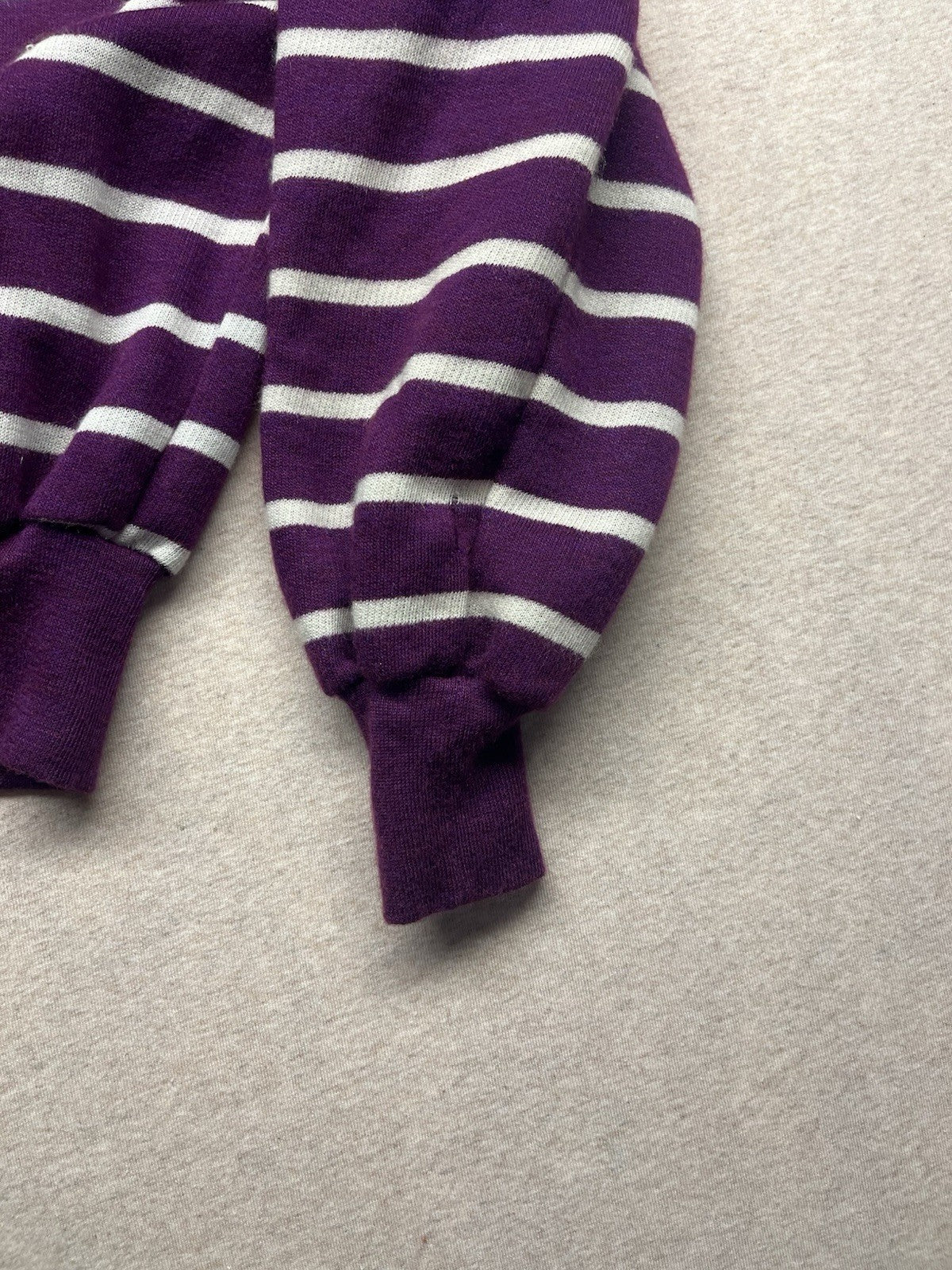 1970s, 80s Women’s Purple & Wht Striped L Sleeve Sweater Padded Shoulders