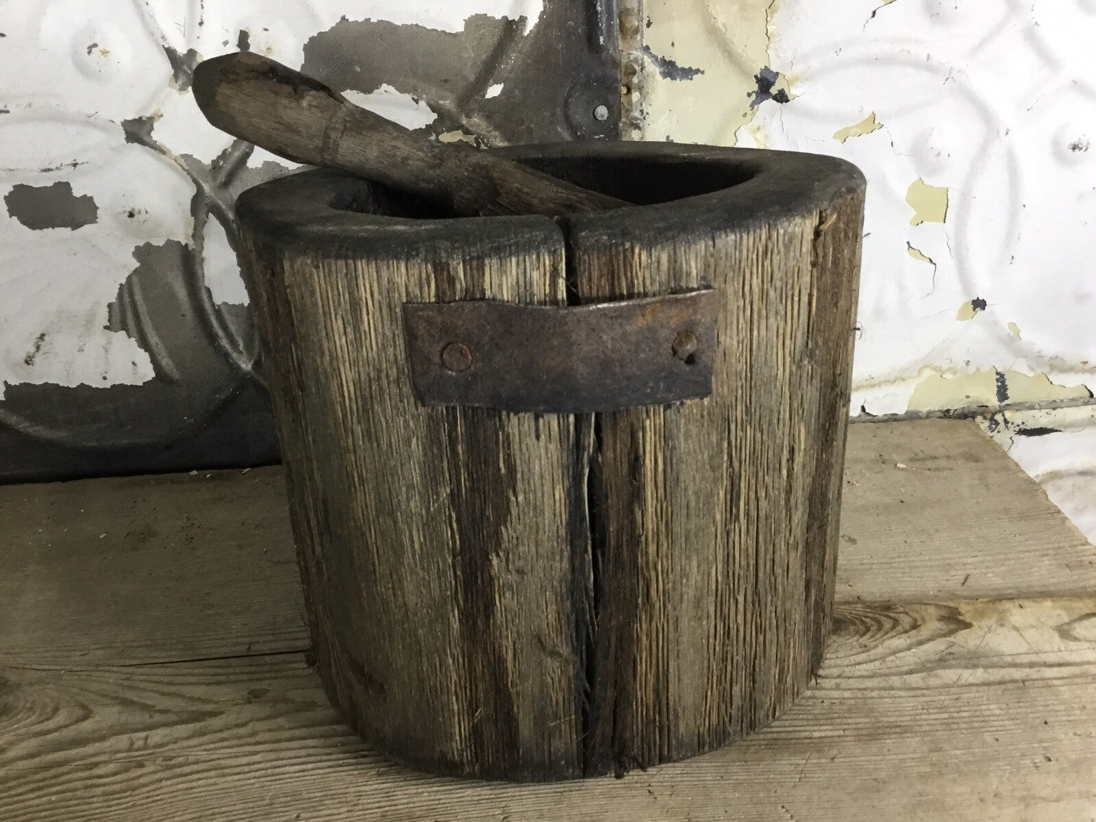 Primitive Antique Morter And Pestal With Repairs, Farm Decor, Home Decor