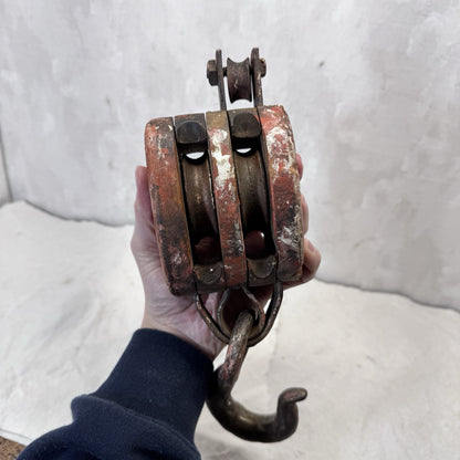Double Wooden Pulley Metal Hook Vintage 