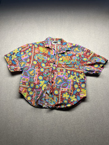 1980s Women’s Flower Print Crop Top S Sleeve Cotton Shirt