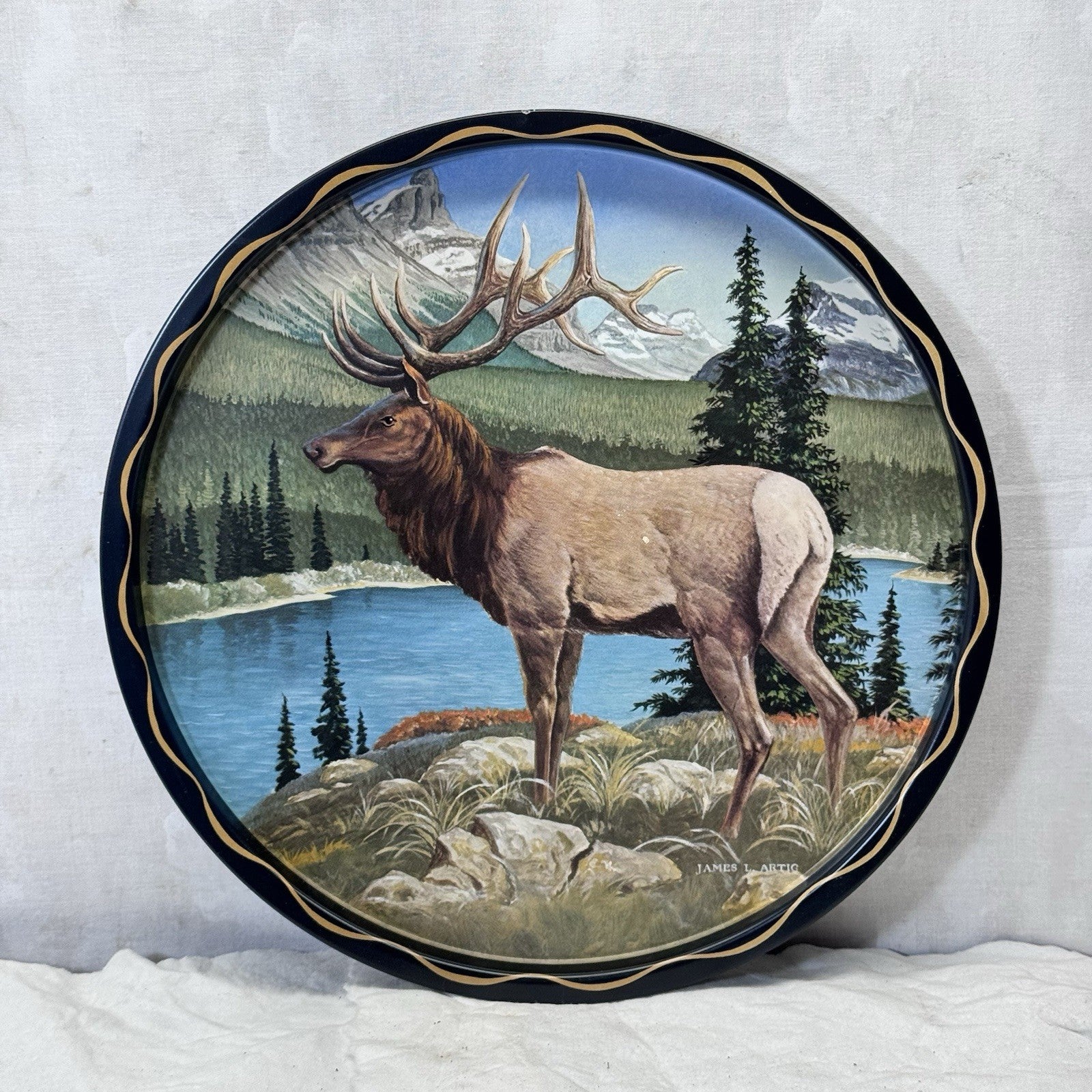 James L Artig Metal Tray Elk Scenery Vintage