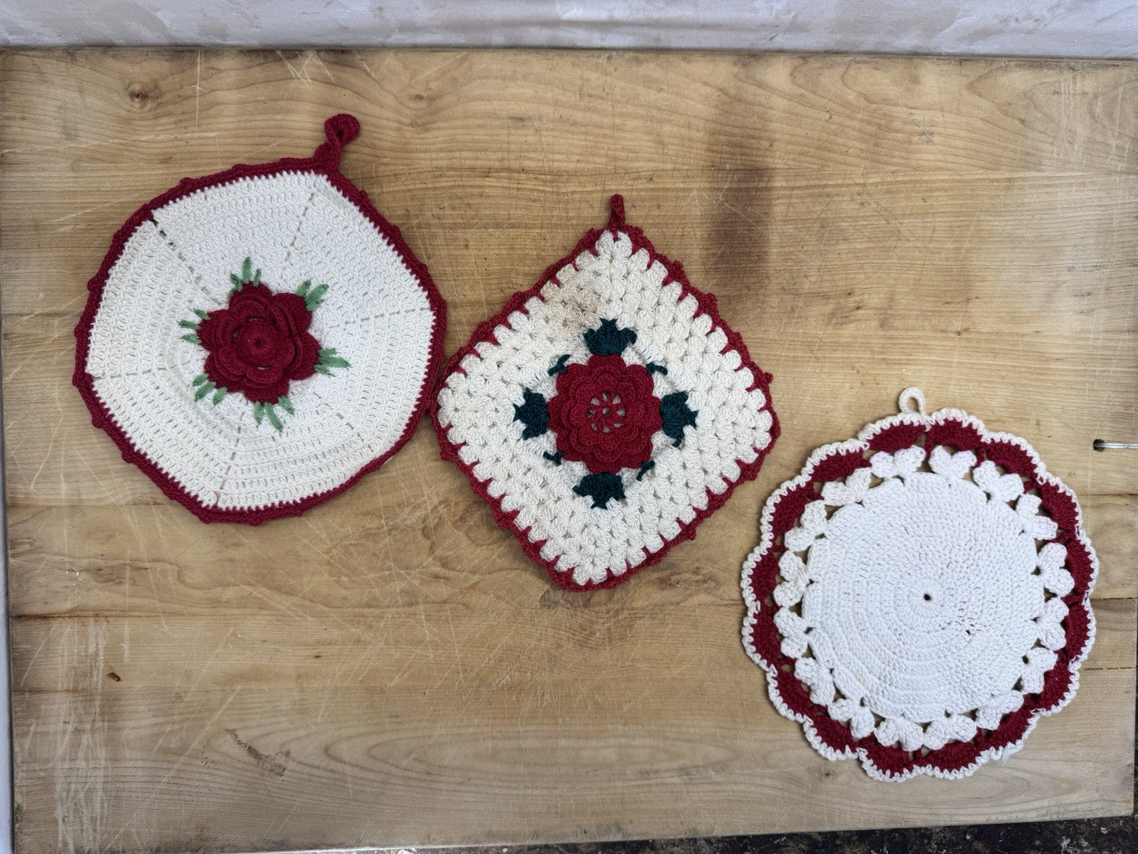 Handmade Crocheted 3 Potholders Vtg #1380