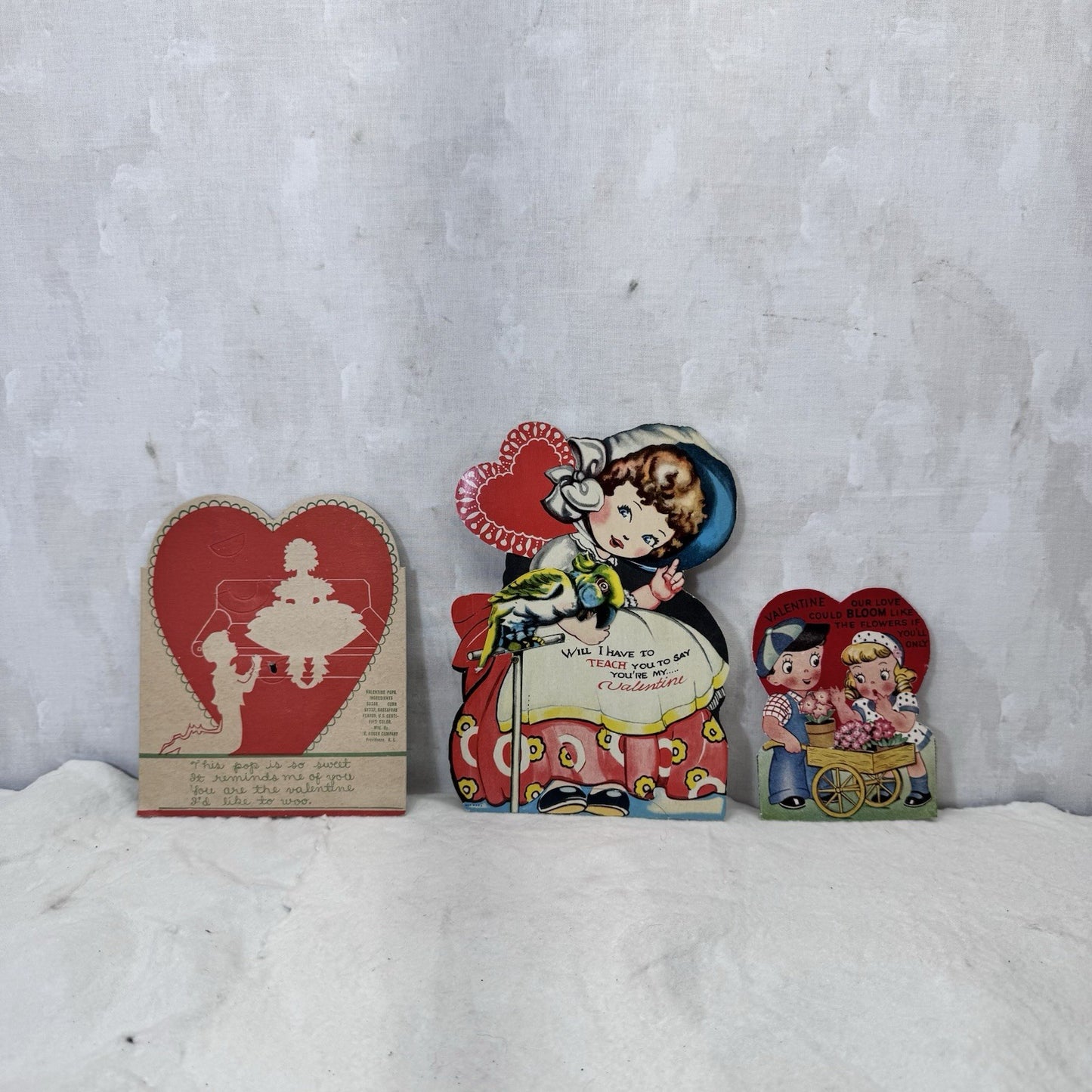 Three Vintage Paper Valentines Day Cards 