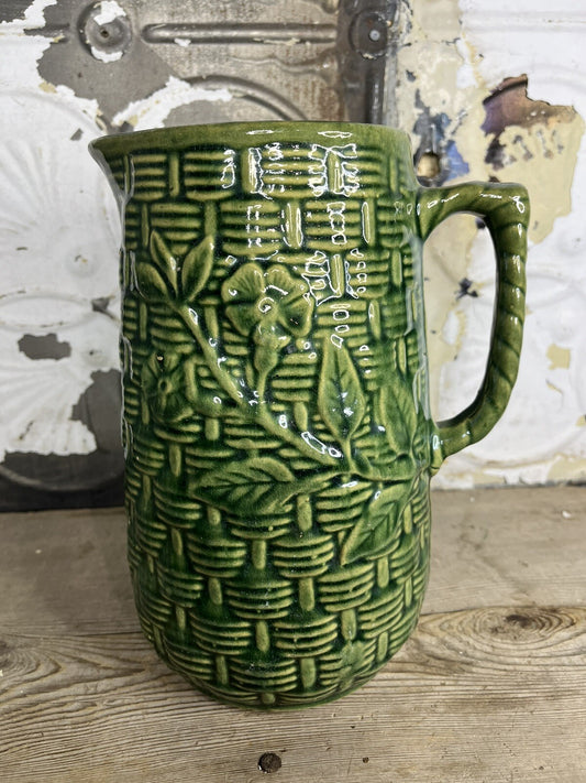 Primitive Antique Greenware Basket Weave Pitcher, Collectible,home Decor 