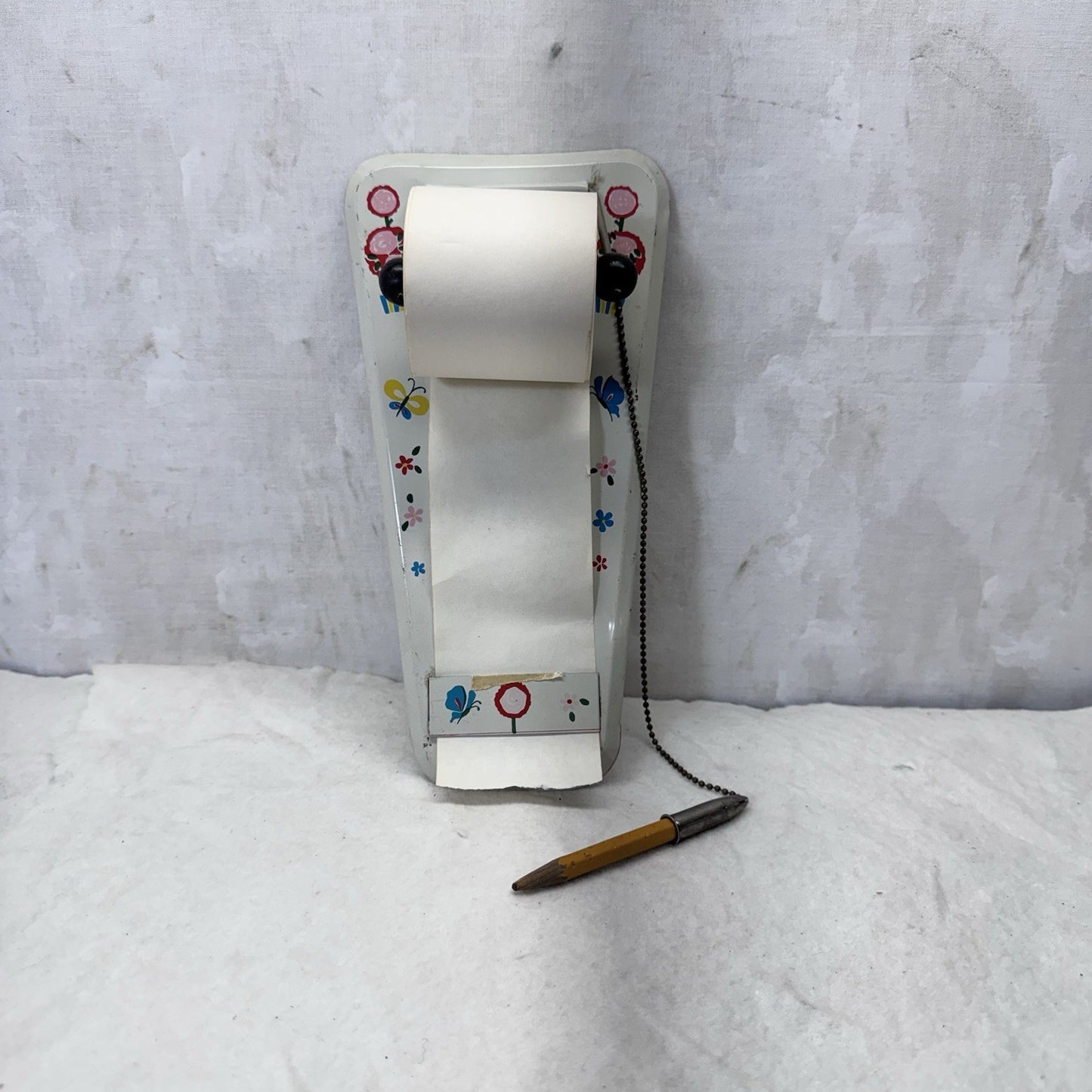 White Metal Notebook Dispenser Roll Pencil Wall Vintage Grocery List