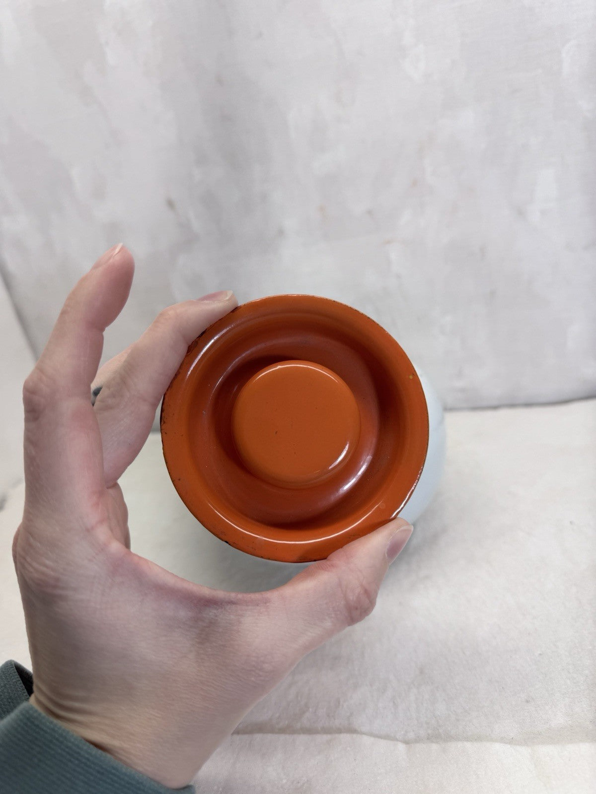 Vintage White Orange And Black Enamelware Double Handle Pot 