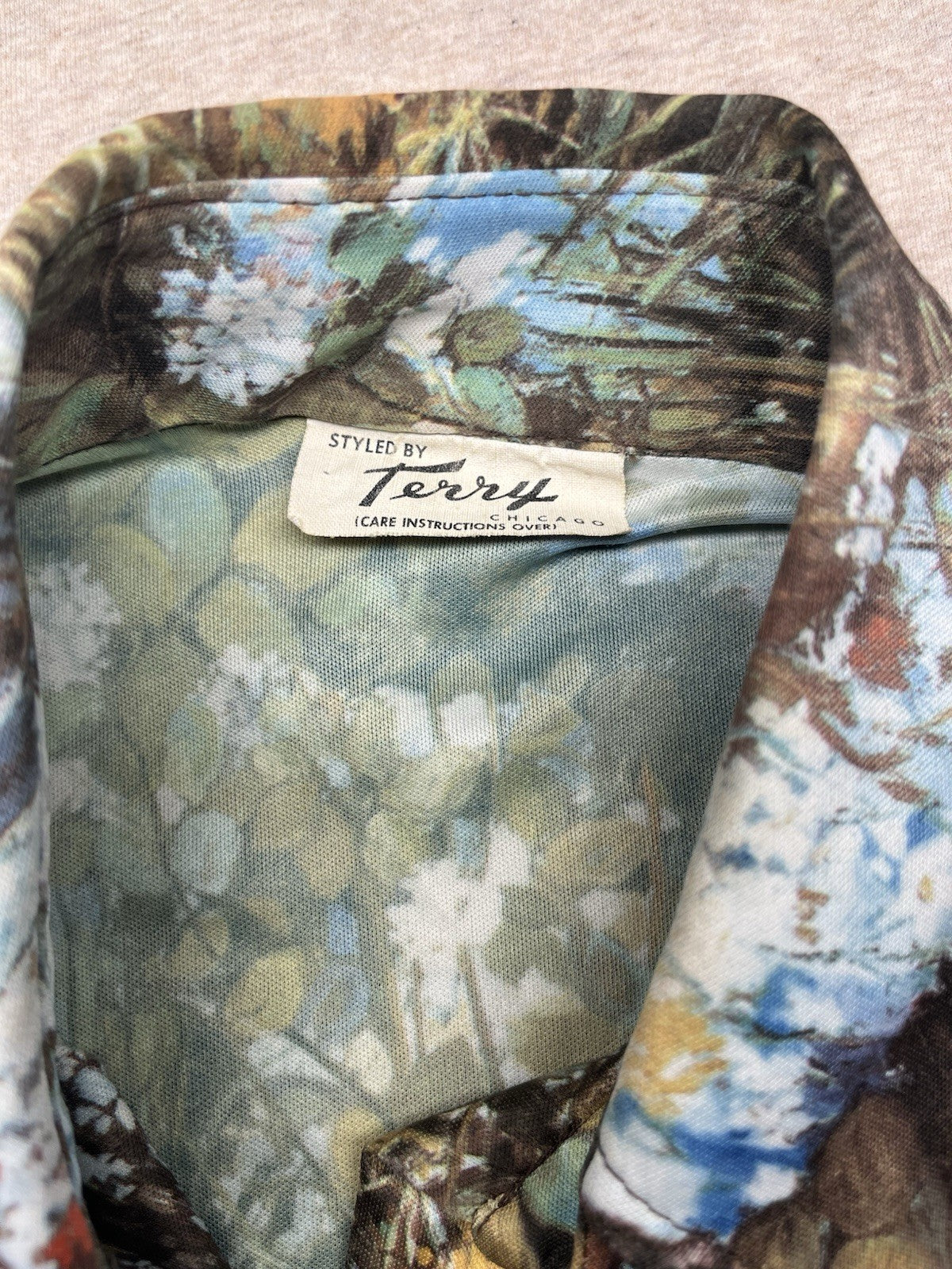 1960s, 70s Women’s Knit L Sleeve Brown Flowered Print Shirt By Terry