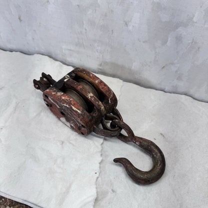 Double Wooden Pulley Metal Hook Vintage 