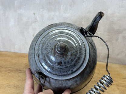 Grey French Swirl Splatter Enamelware Tea Pot Vtg #S-1872