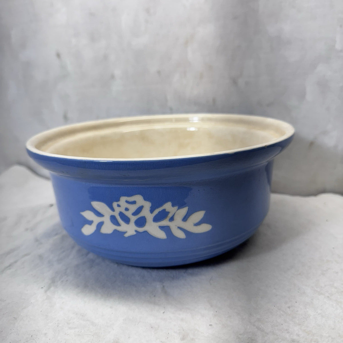 Blue Harker White Rose Carv-Kraft Cameoware Pottery Casserole Vintage