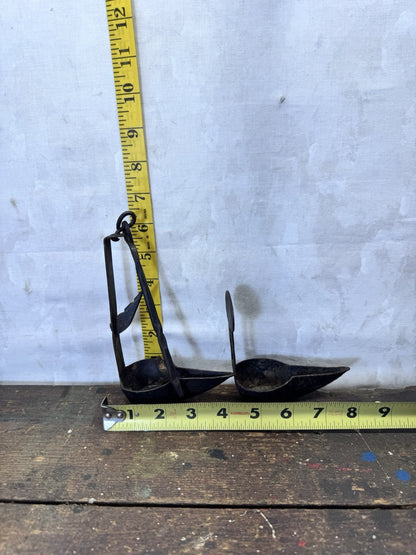 Wrought Iron Whale Oil Double Betty Lamp Antique #S-1920