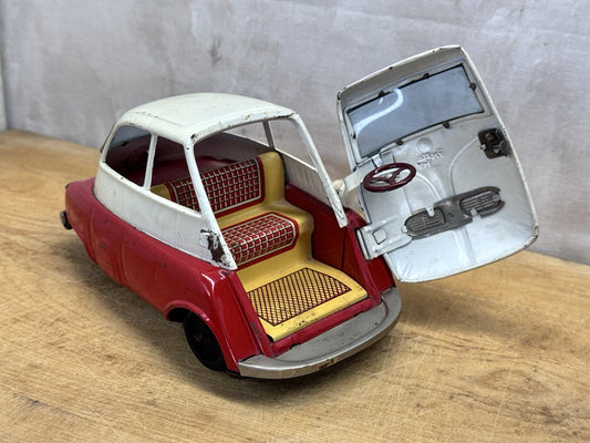 Vintage Bandai BMW Isetta Tin Friction Car Red & White Missing Mirror #1130