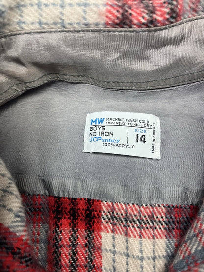 1970s, 80s Boys Red & Grey Heavy Flannel L Sleeve Shirt