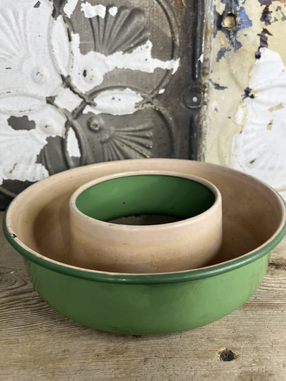 antique vintage enamelware green And Pink Jello Mold Bundt Pan