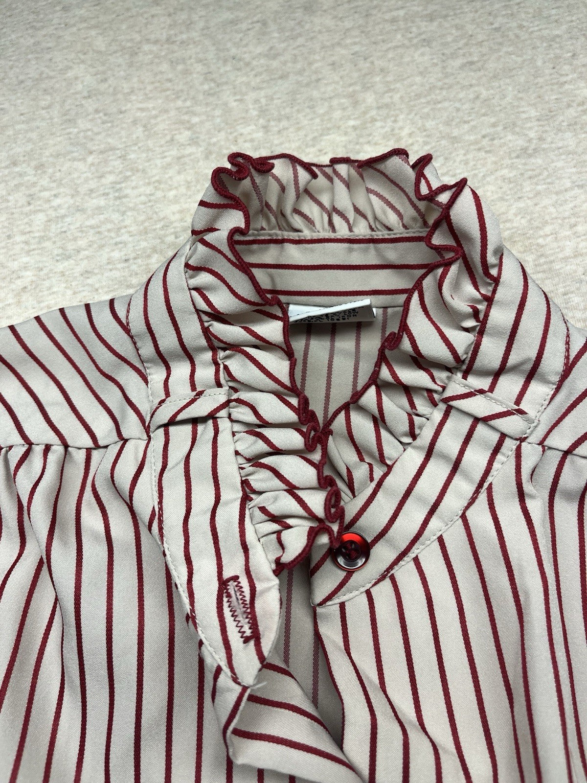 1970s, 80s Women’s Ruffled Red Striped L Sleeve Cotton Top