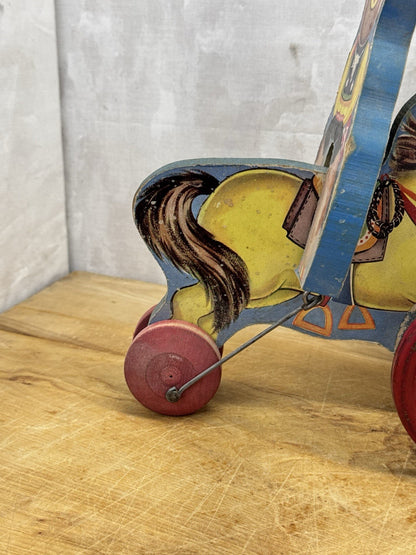 Vintage Wooden Cowboy/Horse Pull Toy - N.N. Hill Brass Co.  #1159