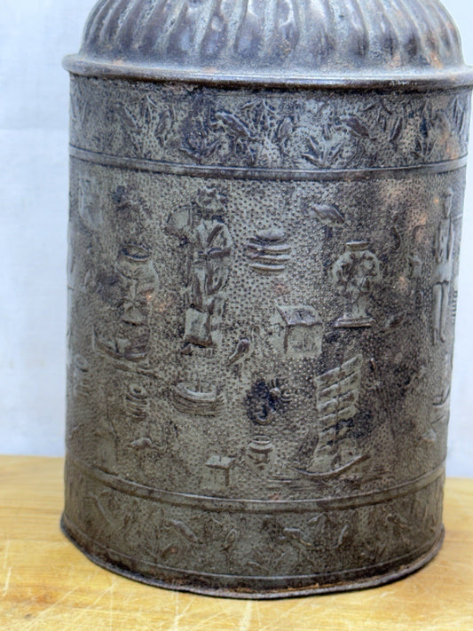 Vintage antique Chinese import tea tin victorian embossed can jar oriental #1207