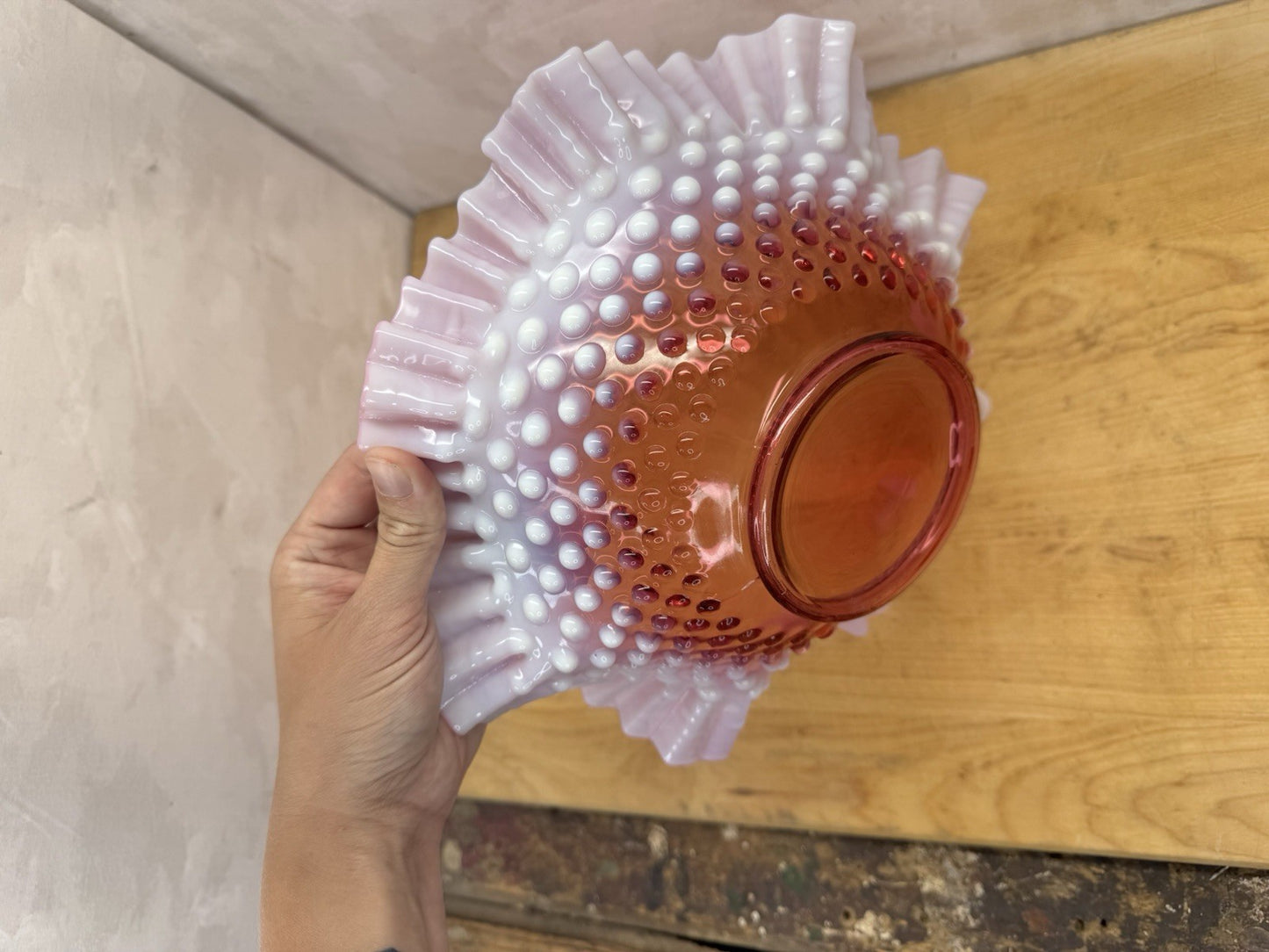 Vintage Fenton Cranberry Glass Bowl Dish Hobnail Opalescent Ruffle #1335