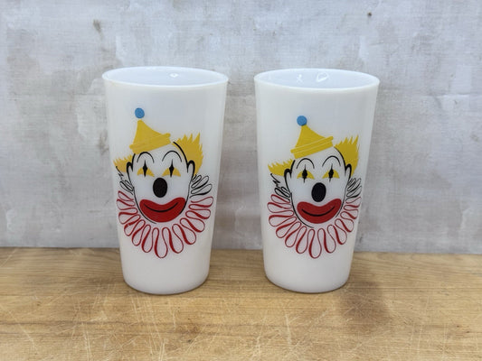 Hazel Atlas Carnival Clown Cups 2 Milk Glasses Vtg