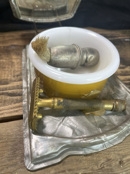 Vintage Collapsible Shaving Mirror, Razor & Brush