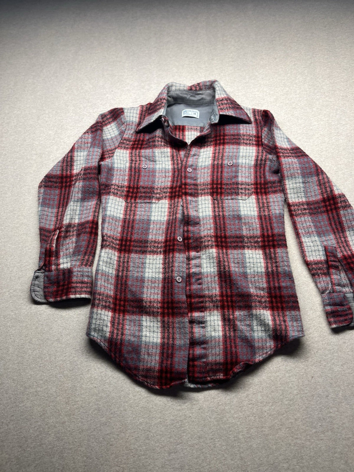 1970s, 80s Boys Red & Grey Heavy Flannel L Sleeve Shirt