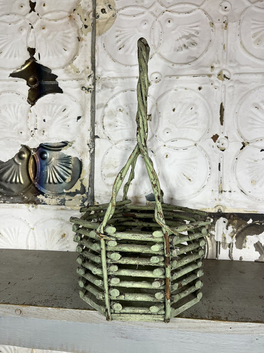 Primitive Antique Early 1900s Green Twig Basket W/Patina, Home Decor