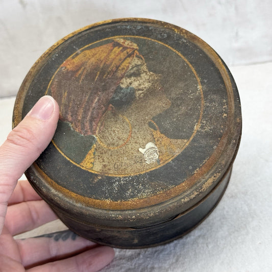 Vintage Graphic Metal Round Beautee Tin Rustic