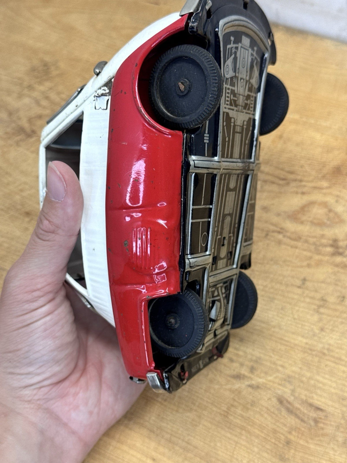 Vintage Bandai BMW Isetta Tin Friction Car Red & White Missing Mirror #1130
