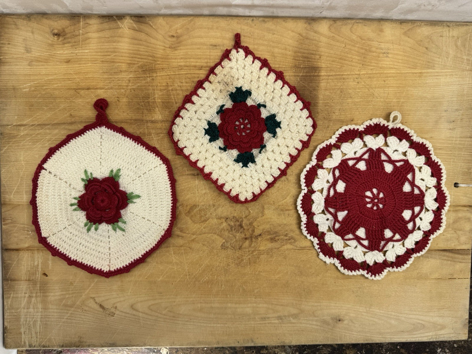 Handmade Crocheted 3 Potholders Vtg #1380
