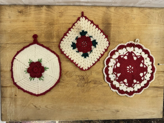Handmade Crocheted 3 Potholders Vtg #1380