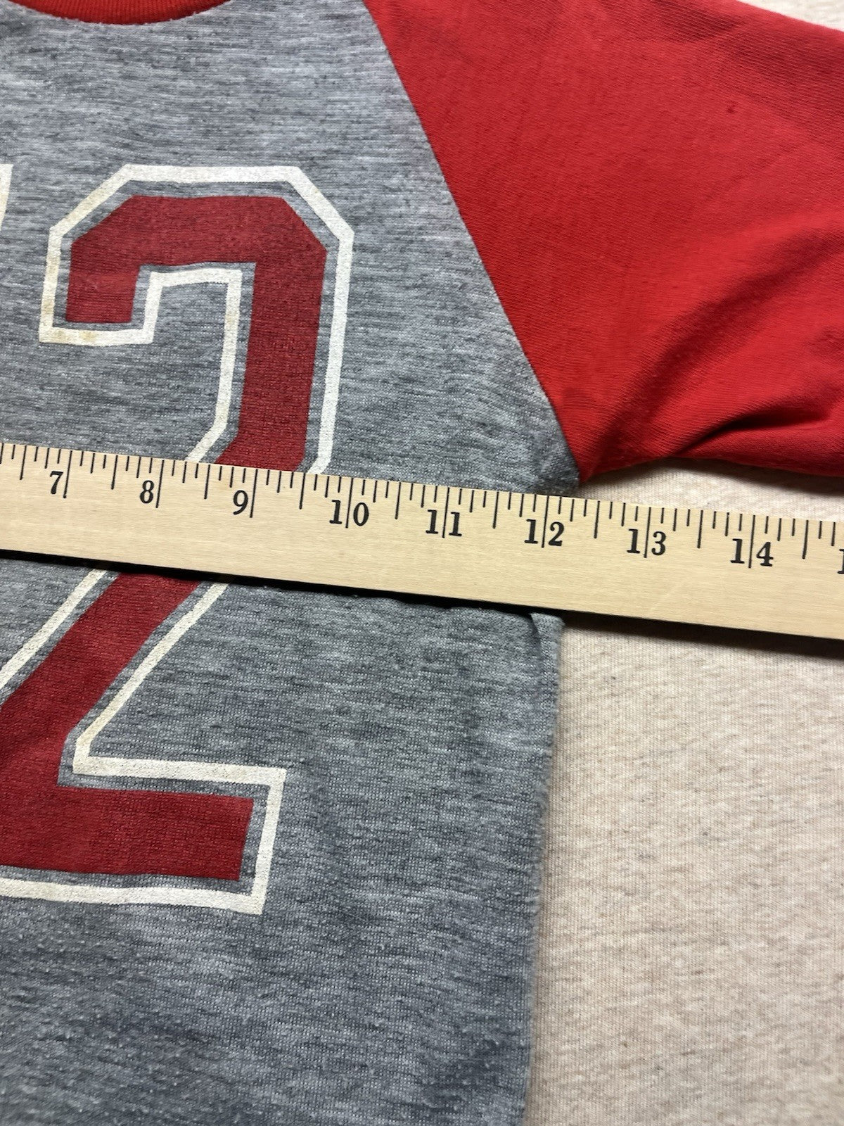 1970s, 80s Boys Red & Grey S Sleeve Raglan Knit Shirt