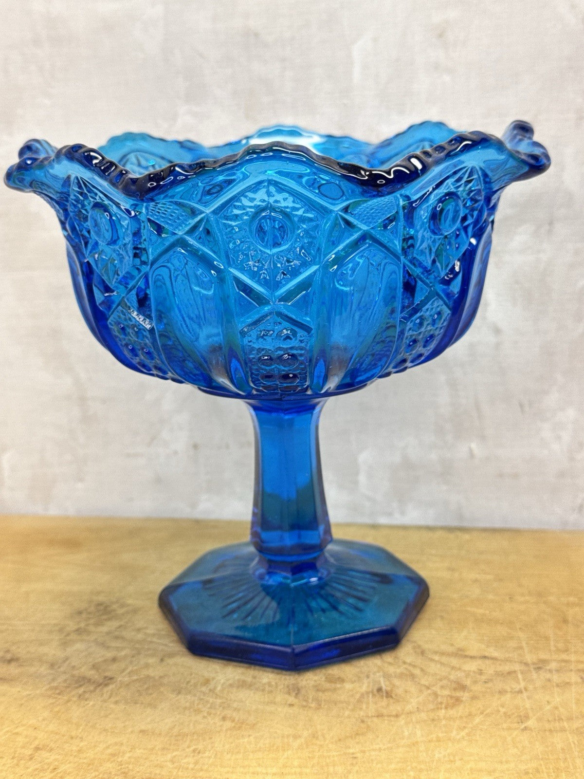 Vintage LE Smith Stars And Bars Turquoise Aqua Blue Glass Pedestal Compote Dish