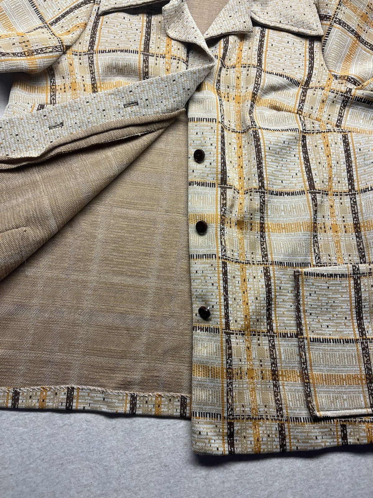 1970s Women’s Brown Plaid Knit S Sleeve W/pockets