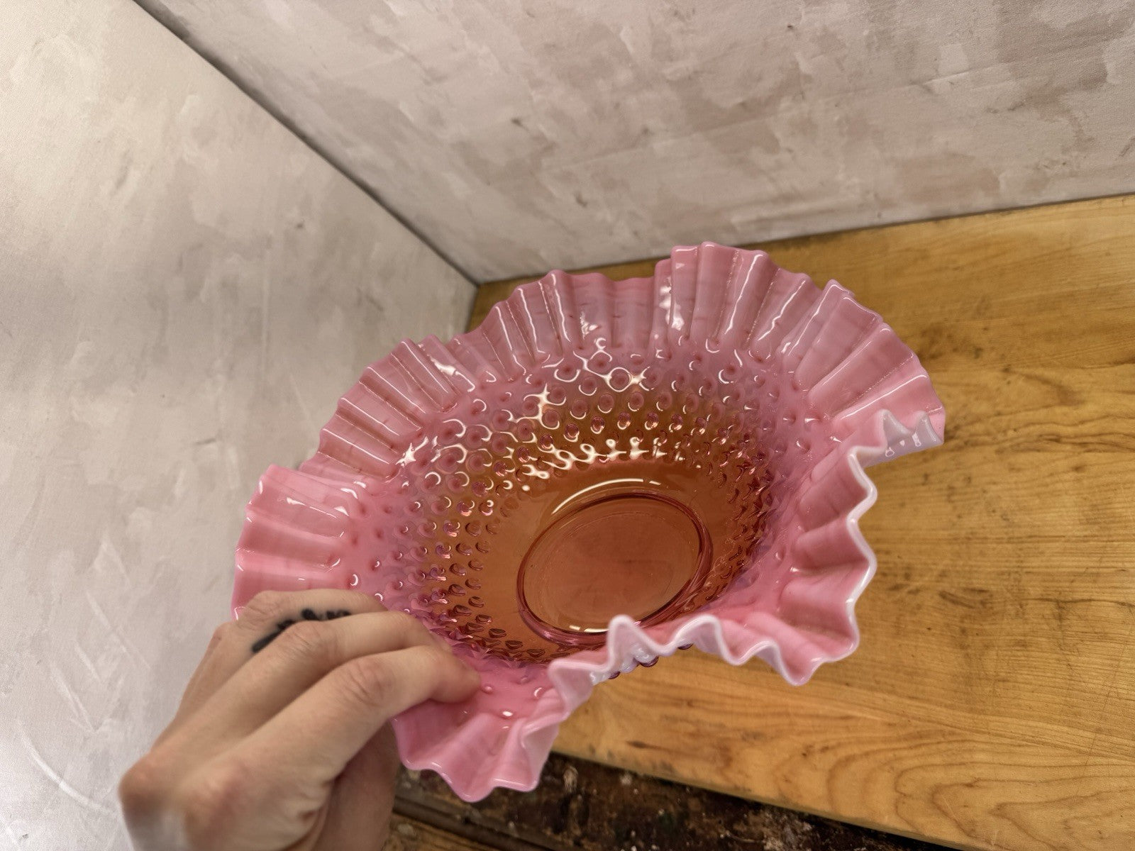 Vintage Fenton Cranberry Glass Bowl Dish Hobnail Opalescent Ruffle #1335
