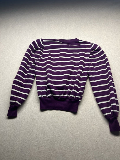 1970s, 80s Women’s Purple & Wht Striped L Sleeve Sweater Padded Shoulders