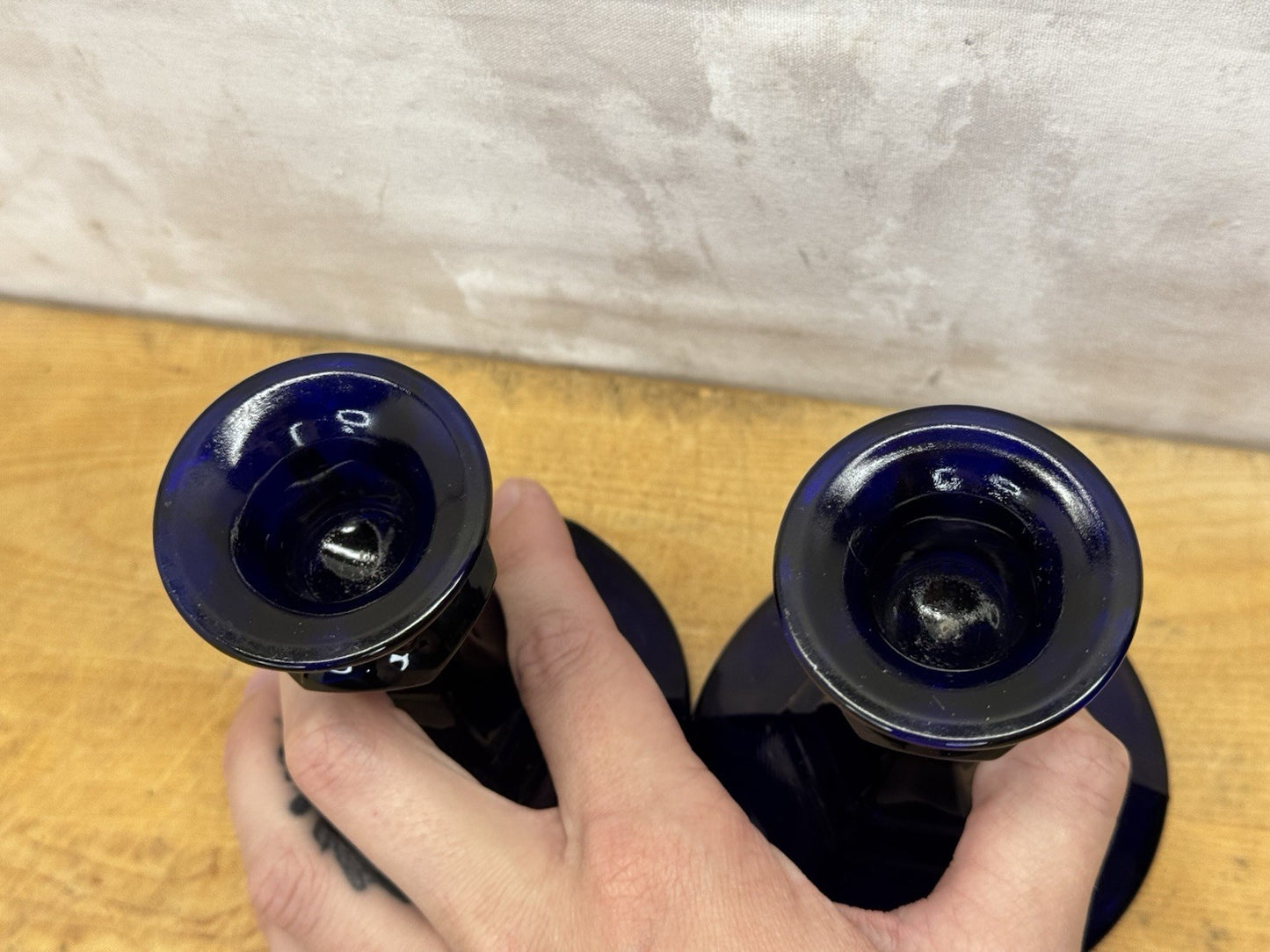 Cobalt Blue Pair Of Candle Holders Vtg #1275