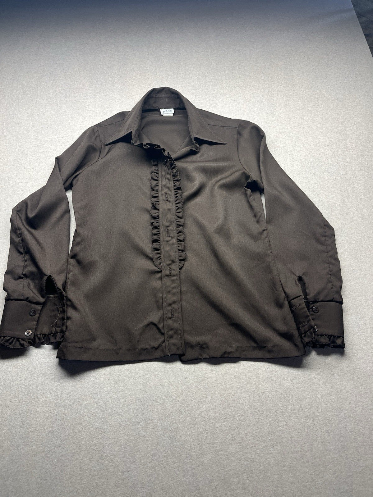 1960s, 70s Women’s L Sleeve Brown Nylon Ruffled Top