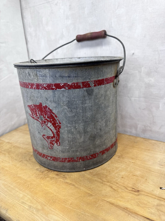 Metal Minnow Fishing Bucket Vintage #1231