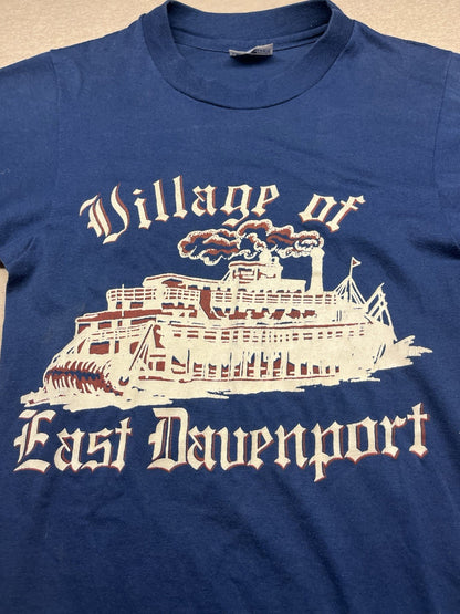 1980s Unisex Blue Knit S Sleeve Village Of East Davenport Tshirt
