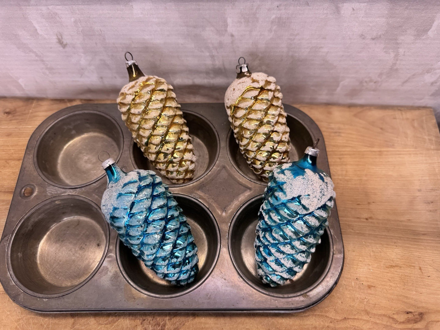 4 Blue Yellow Pinecone Lg Ornaments Antique #1547