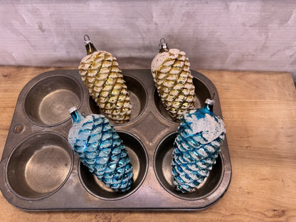 4 Blue Yellow Pinecone Lg Ornaments Antique #1547