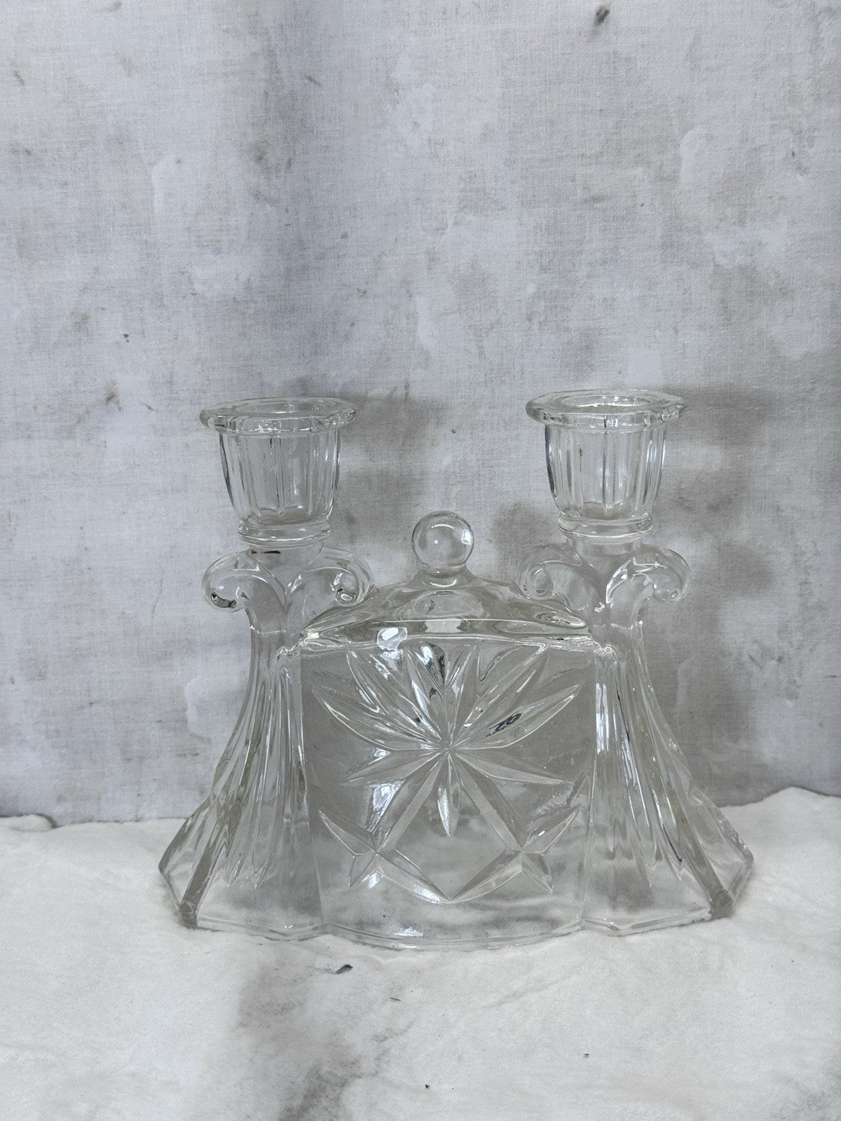 Double Candlestick Holder Crystal G.lass Vintage #S-2013