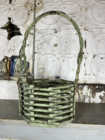 Primitive Antique Early 1900s Green Twig Basket W/Patina, Home Decor