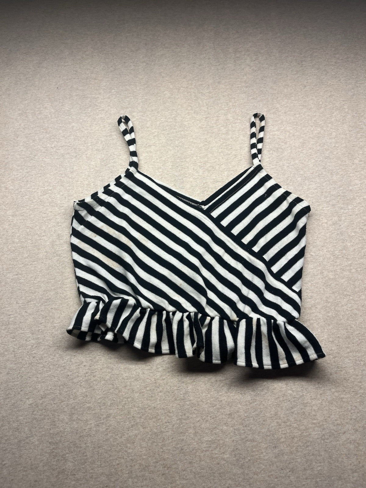 1970s, 80s Women’s Black Knit Striped Sleeveless Ruffled Top