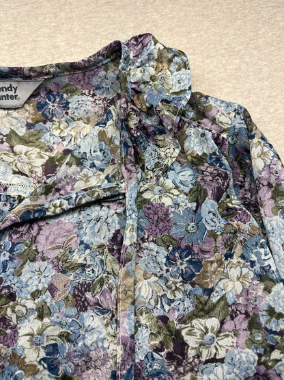 1960s, 70s Women’s Ruffled Knit Sheer Floral Print L Sleeve Top