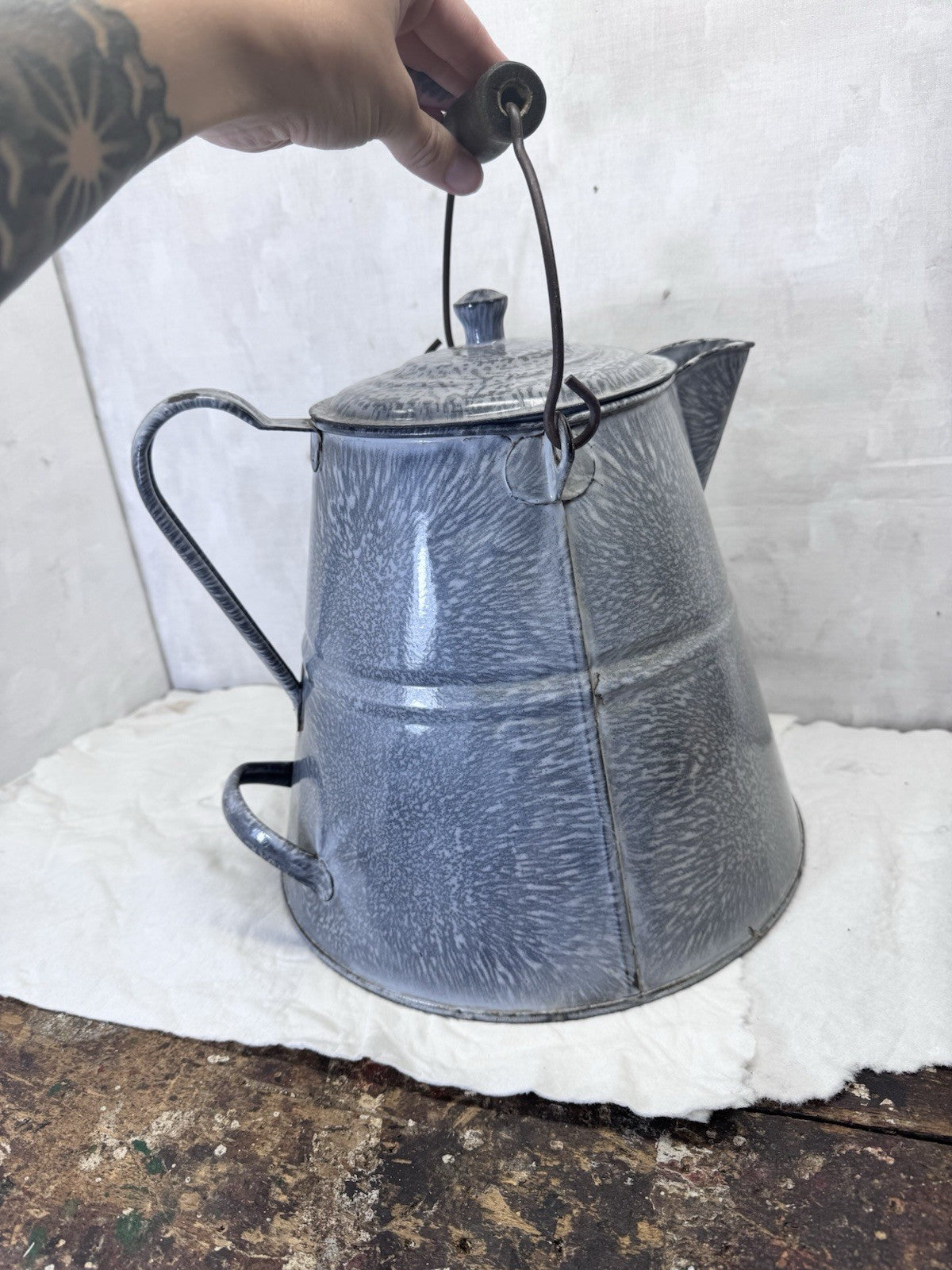 Medium Gray Swirl Enamelware Coffee Pot Vintage  #S-1836